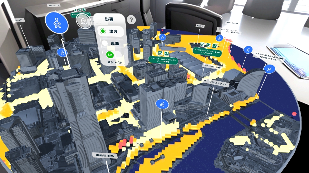 浸水範囲を色分け表示した3D都市ジオラマ